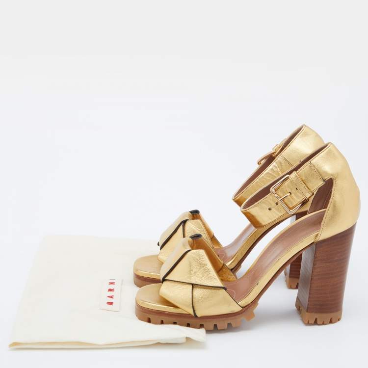 Pre Owned Marni Gold Leather Ankle-Strap Block Heel Sandals Size 38