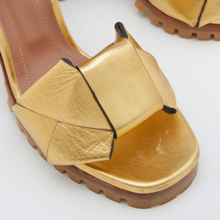 Pre Owned Marni Gold Leather Ankle-Strap Block Heel Sandals Size 38
