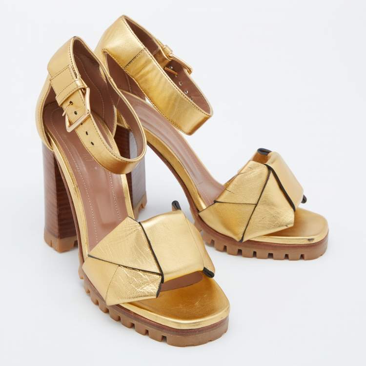 Pre Owned Marni Gold Leather Ankle-Strap Block Heel Sandals Size 38