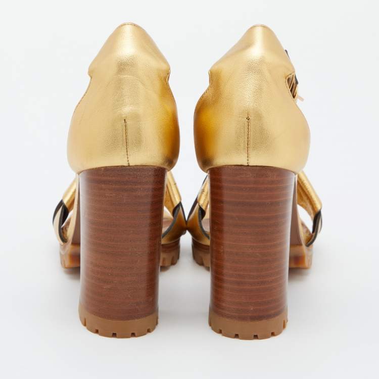 Pre Owned Marni Gold Leather Ankle-Strap Block Heel Sandals Size 38