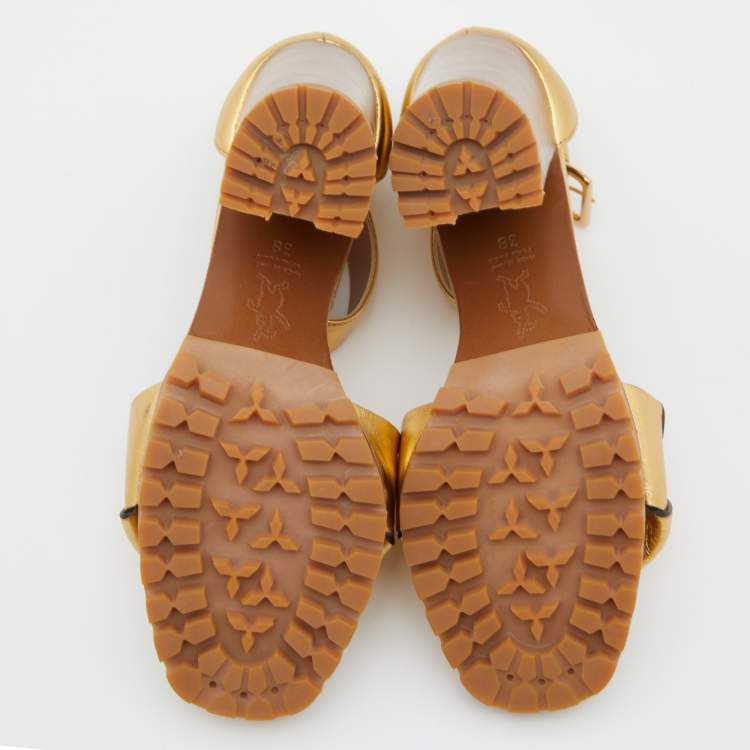 Pre Owned Marni Gold Leather Ankle-Strap Block Heel Sandals Size 38