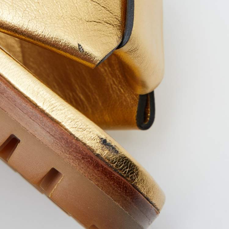 Pre Owned Marni Gold Leather Ankle-Strap Block Heel Sandals Size 38