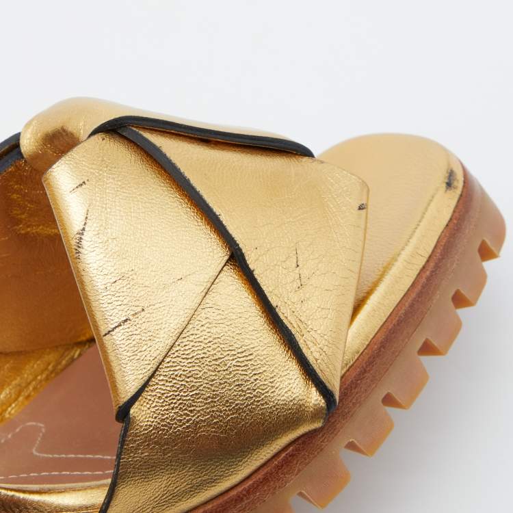 Pre Owned Marni Gold Leather Ankle-Strap Block Heel Sandals Size 38