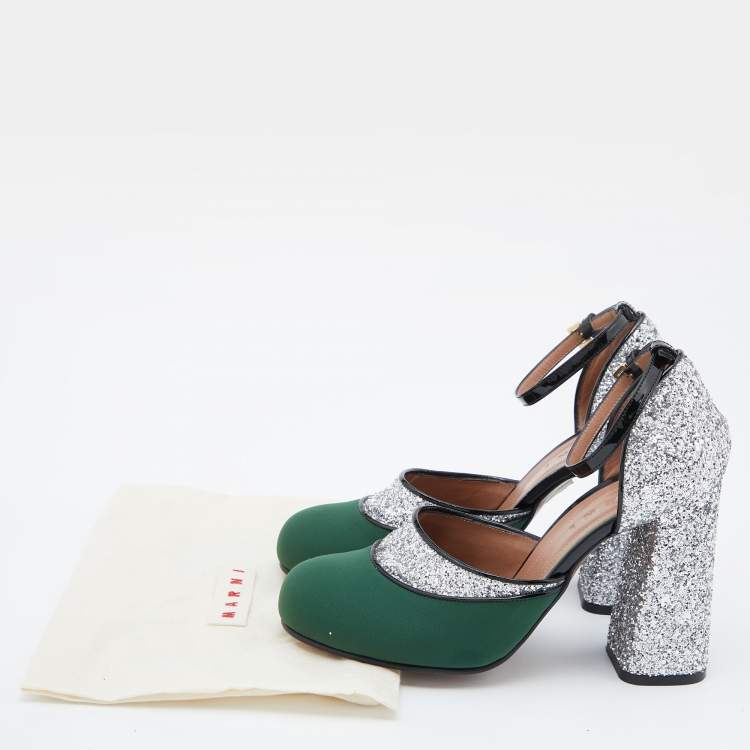 Pre Owned Marni Green/Silver Glitter,Neoprene and Patent Leather Ankle Strap Block Heel Sandals Size 39