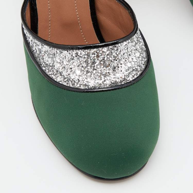 Pre Owned Marni Green/Silver Glitter,Neoprene and Patent Leather Ankle Strap Block Heel Sandals Size 39
