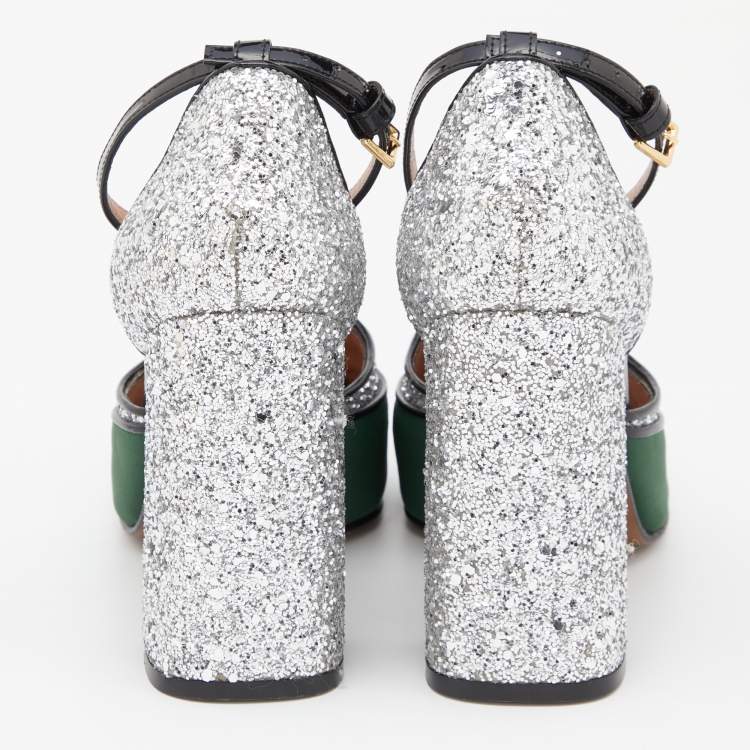 Pre Owned Marni Green/Silver Glitter,Neoprene and Patent Leather Ankle Strap Block Heel Sandals Size 39