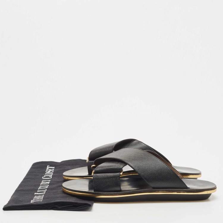 Pre Owned Marni Black Textured Leather Cross Strap Flat Slides Size 39