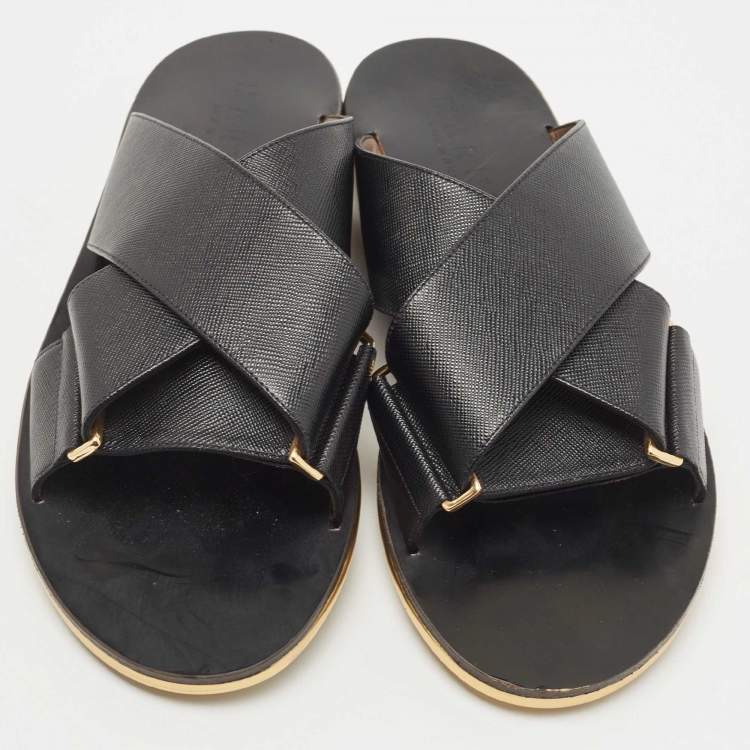 Pre Owned Marni Black Textured Leather Cross Strap Flat Slides Size 39