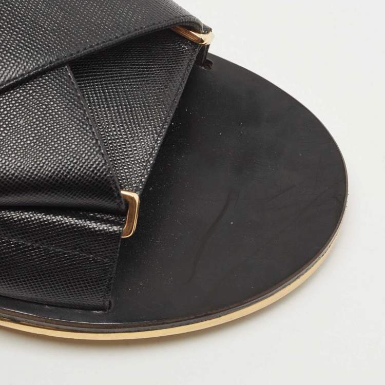 Pre Owned Marni Black Textured Leather Cross Strap Flat Slides Size 39