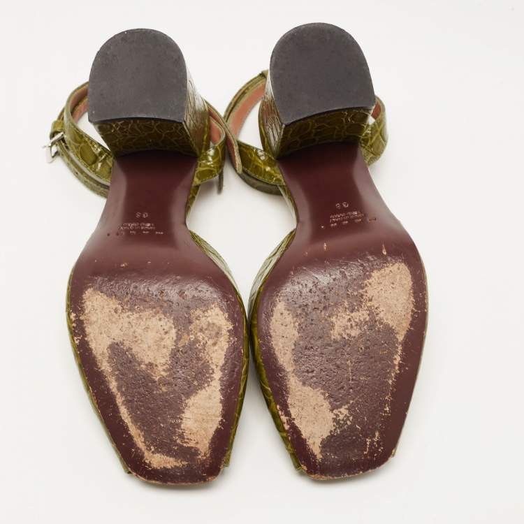 Pre Owned Marni Green Croc Embossed Leather Open Toe Ankle Strap Pumps Size 38