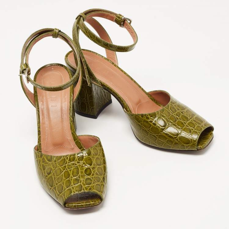 Pre Owned Marni Green Croc Embossed Leather Open Toe Ankle Strap Pumps Size 38
