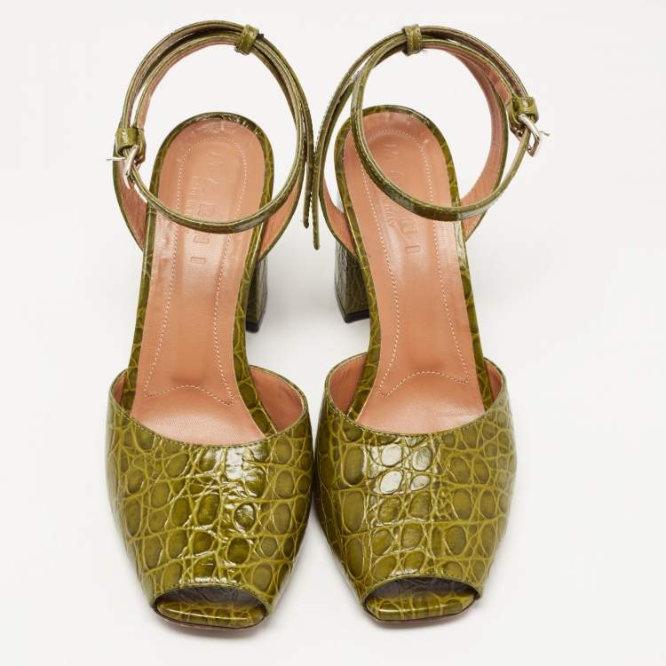 Pre Owned Marni Green Croc Embossed Leather Open Toe Ankle Strap Pumps Size 38