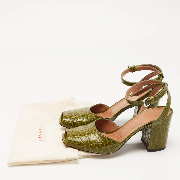 Pre Owned Marni Green Croc Embossed Leather Open Toe Ankle Strap Pumps Size 38
