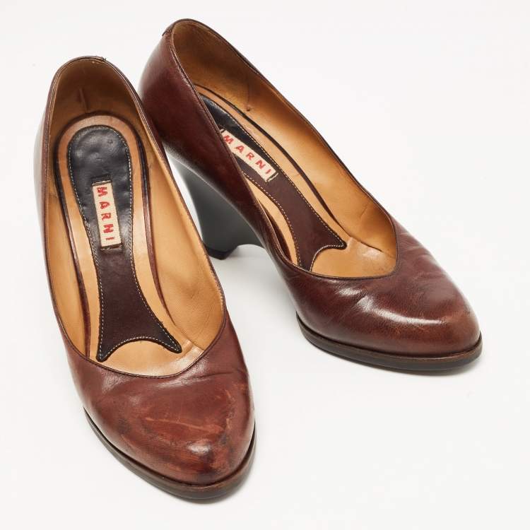 Pre Owned Marni Brown Leather Wedge Pumps Size 37