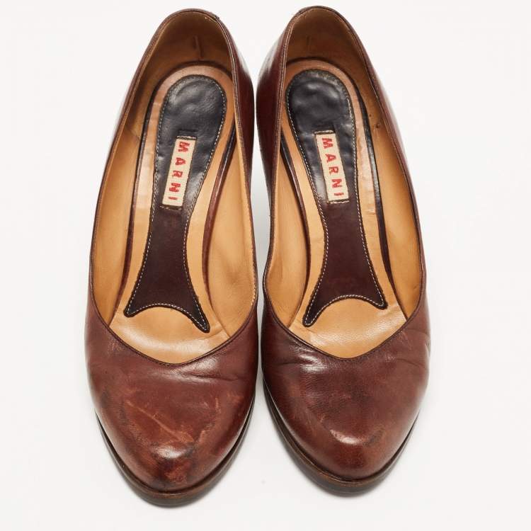 Pre Owned Marni Brown Leather Wedge Pumps Size 37