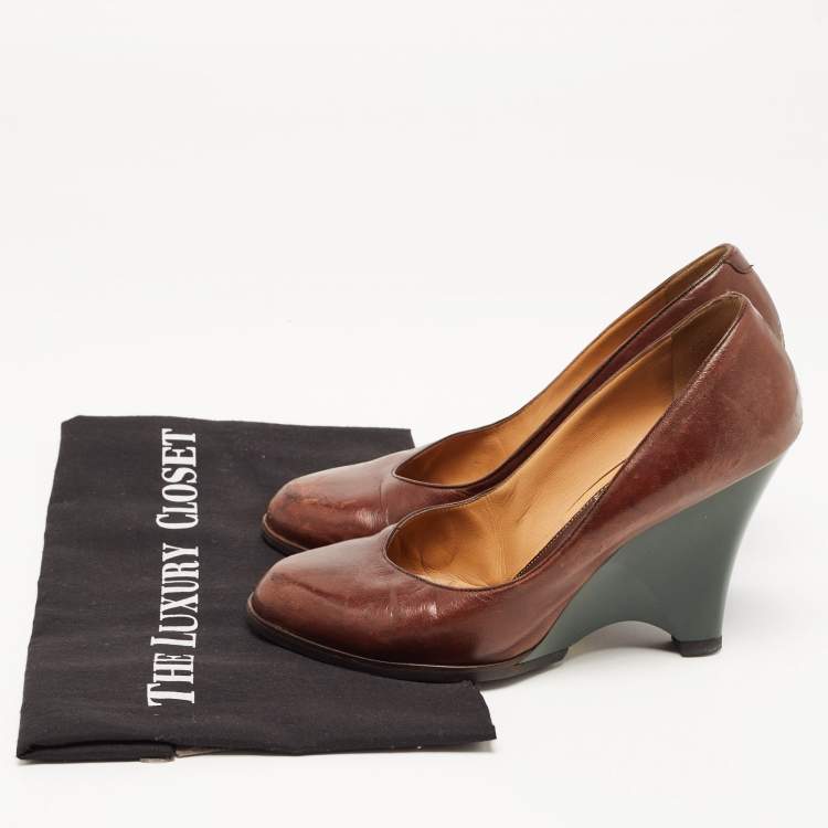 Pre Owned Marni Brown Leather Wedge Pumps Size 37