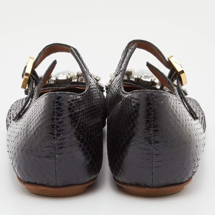 Pre Owned Marni Black Watersnake Leather Crystal Embellished Ballet Flats Size 37