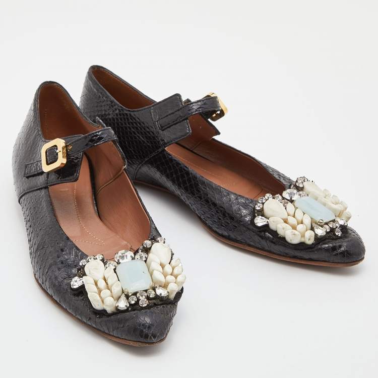 Pre Owned Marni Black Watersnake Leather Crystal Embellished Ballet Flats Size 37
