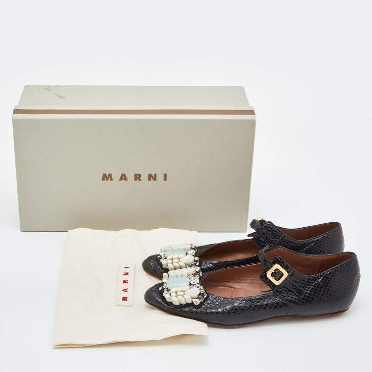Pre Owned Marni Black Watersnake Leather Crystal Embellished Ballet Flats Size 37