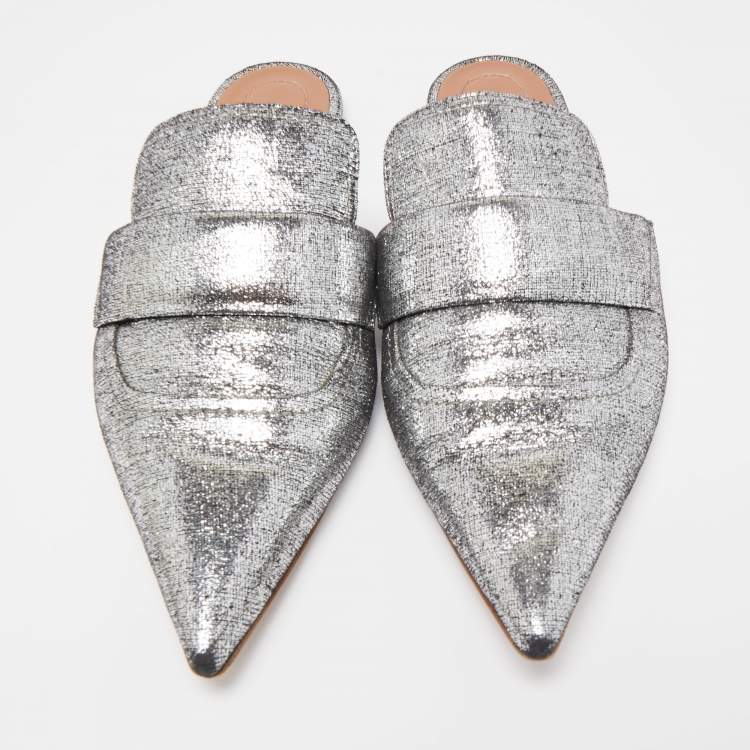 Pre Owned Marni Silver Glitter Suede Rising Sabot Flat Mules Size 41