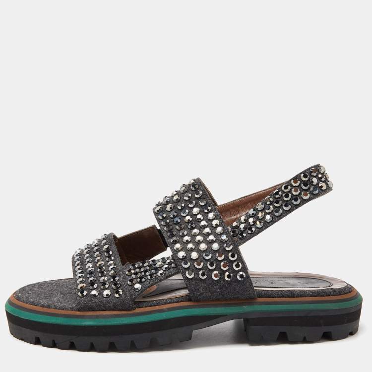 Pre Owned Marni Grey/Brown Leather and Wool Crystals Embellished Flat Sandals Size 40