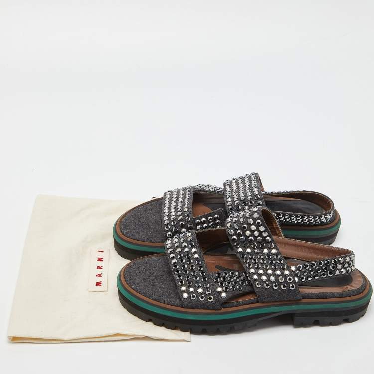 Pre Owned Marni Grey/Brown Leather and Wool Crystals Embellished Flat Sandals Size 40