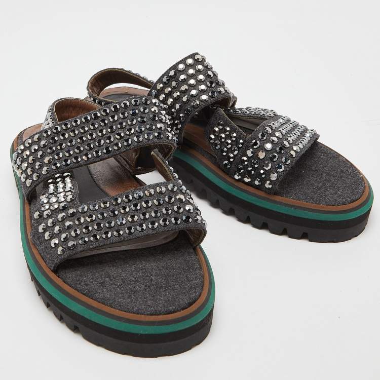Pre Owned Marni Grey/Brown Leather and Wool Crystals Embellished Flat Sandals Size 40