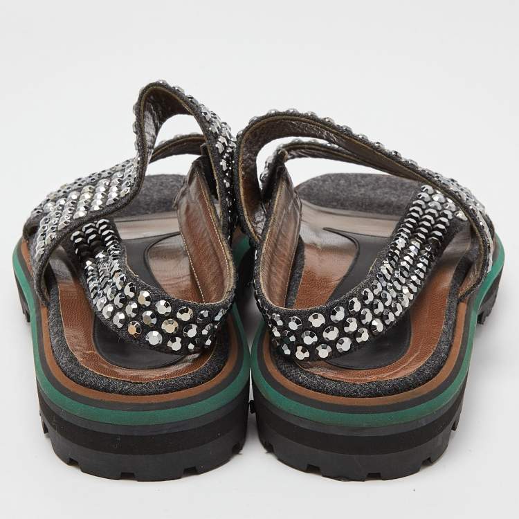 Pre Owned Marni Grey/Brown Leather and Wool Crystals Embellished Flat Sandals Size 40