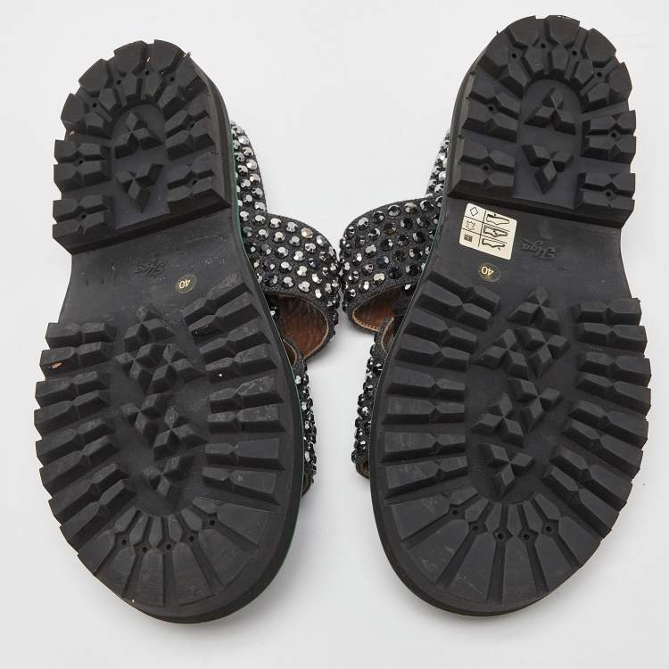 Pre Owned Marni Grey/Brown Leather and Wool Crystals Embellished Flat Sandals Size 40