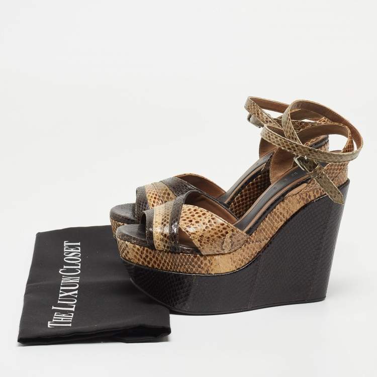 Pre Owned MARNI Brown/Beige Python Wedge Ankle Strap Sandals Size 38
