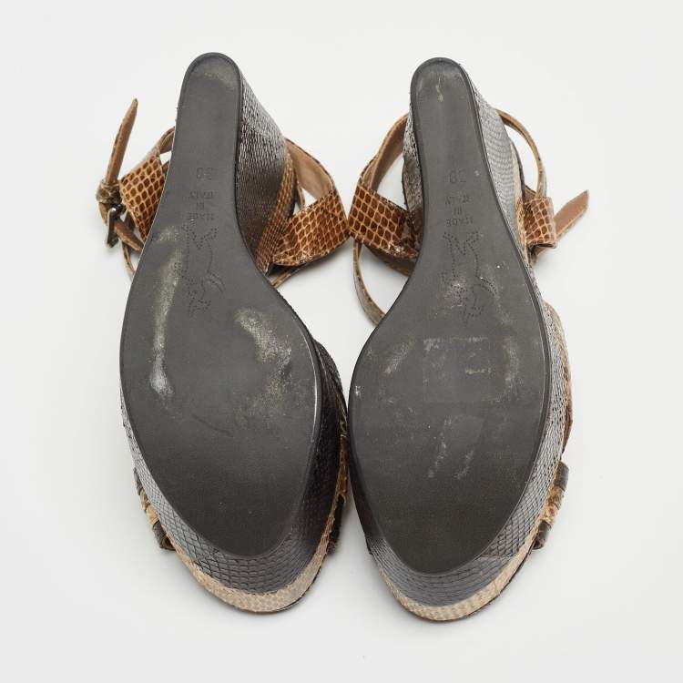 Pre Owned MARNI Brown/Beige Python Wedge Ankle Strap Sandals Size 38