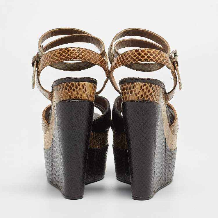 Pre Owned MARNI Brown/Beige Python Wedge Ankle Strap Sandals Size 38