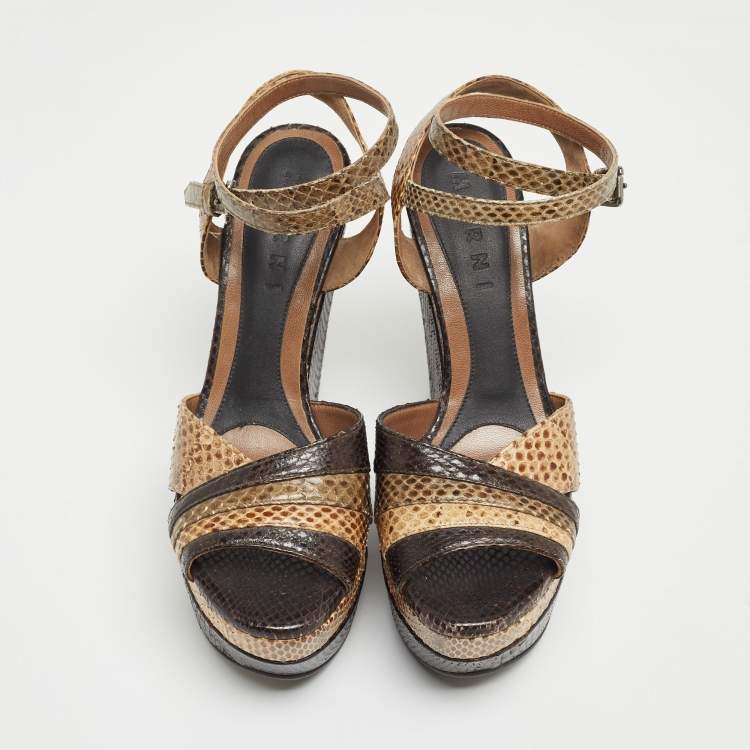 Pre Owned MARNI Brown/Beige Python Wedge Ankle Strap Sandals Size 38