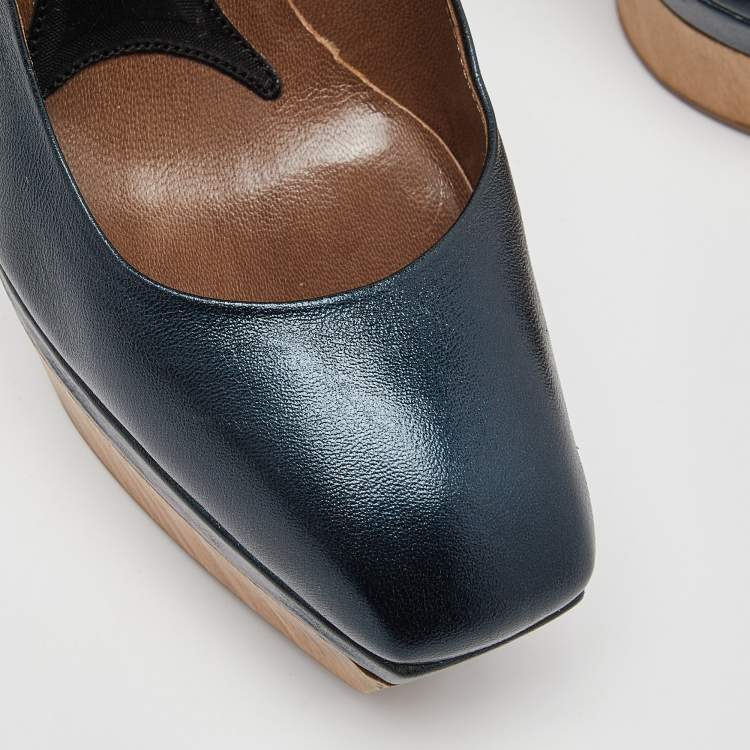 Pre Owned Marni Metallic Blue Leather Square Toe Platform Pumps Size 36