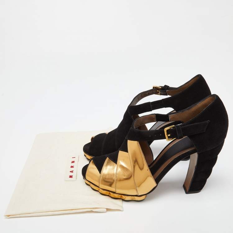 Pre Owned Marni Black/Gold Suede and Leather Peep Toe Platform Sandals Size 40.5