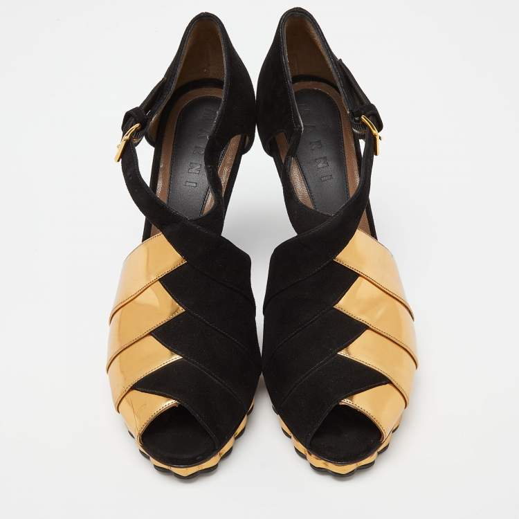 Pre Owned Marni Black/Gold Suede and Leather Peep Toe Platform Sandals Size 40.5