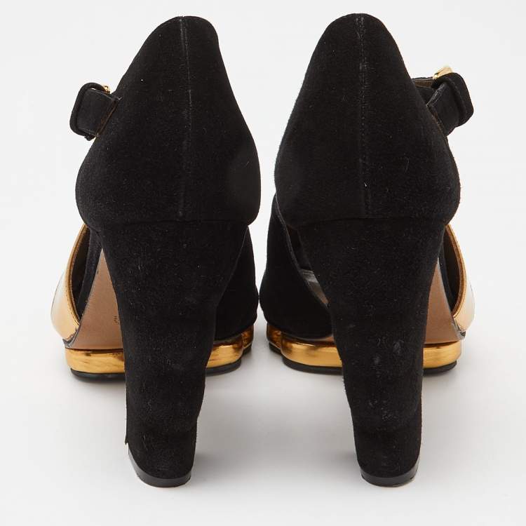 Pre Owned Marni Black/Gold Suede and Leather Peep Toe Platform Sandals Size 40.5