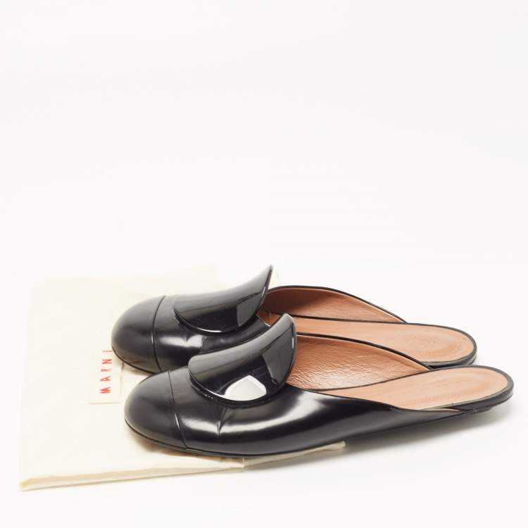 Pre Owned Marni Black Leather Flat Mules Size 38