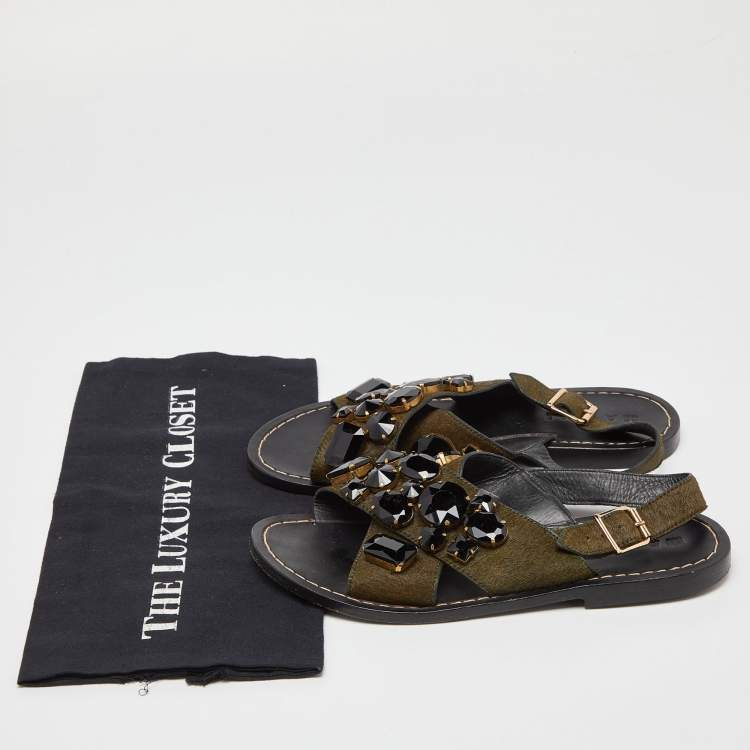 Pre Owned Marni Green Leather and Calfhair Embellished Flat Sandals Size 38