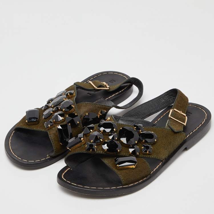 Pre Owned Marni Green Leather and Calfhair Embellished Flat Sandals Size 38