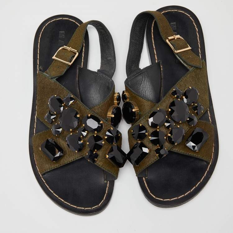 Pre Owned Marni Green Leather and Calfhair Embellished Flat Sandals Size 38