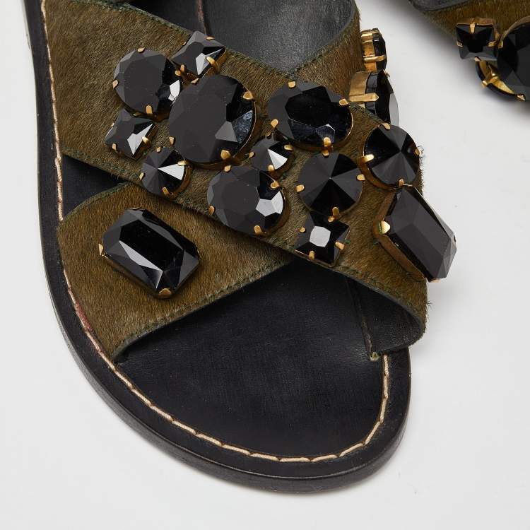 Pre Owned Marni Green Leather and Calfhair Embellished Flat Sandals Size 38