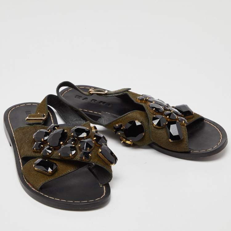 Pre Owned Marni Green Leather and Calfhair Embellished Flat Sandals Size 38