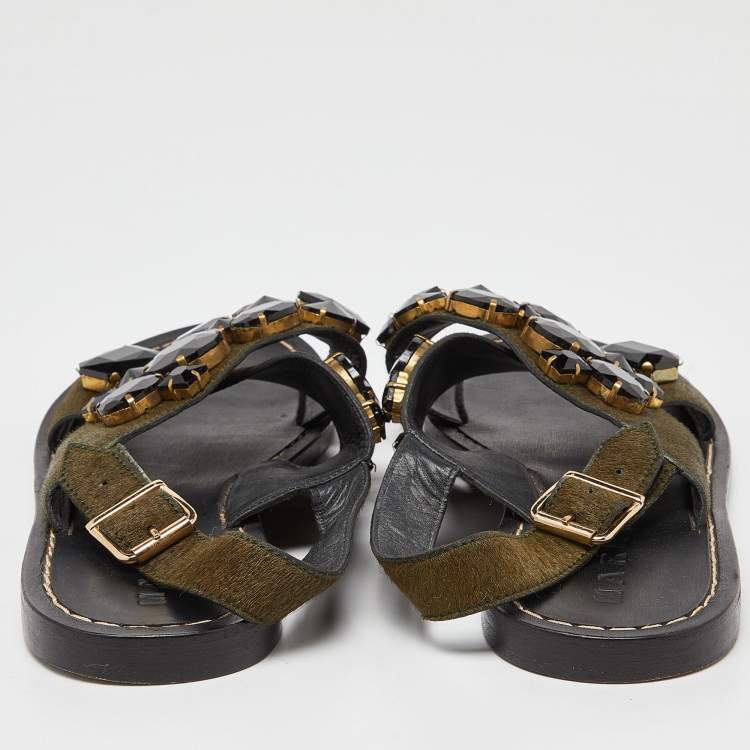 Pre Owned Marni Green Leather and Calfhair Embellished Flat Sandals Size 38