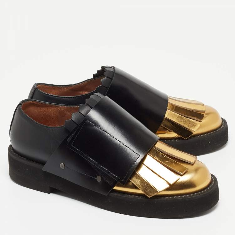 Pre Owned Marni Black/Gold Leather Fringe Detail Slip On Loafers Size 40