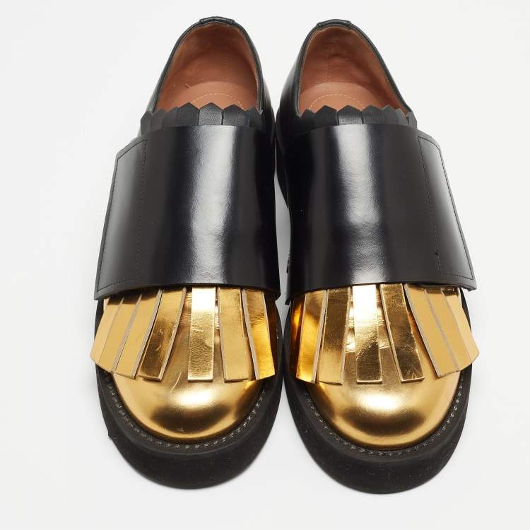 Pre Owned Marni Black/Gold Leather Fringe Detail Slip On Loafers Size 40