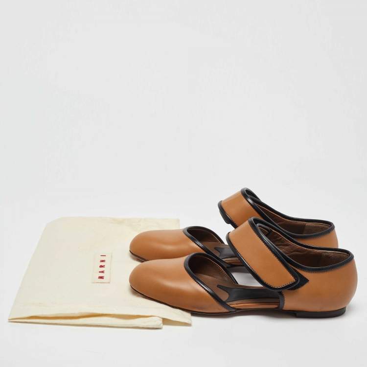 Pre Owned Marni Tan Leather Cut Out Mary Jane Ballet Flats Size 38