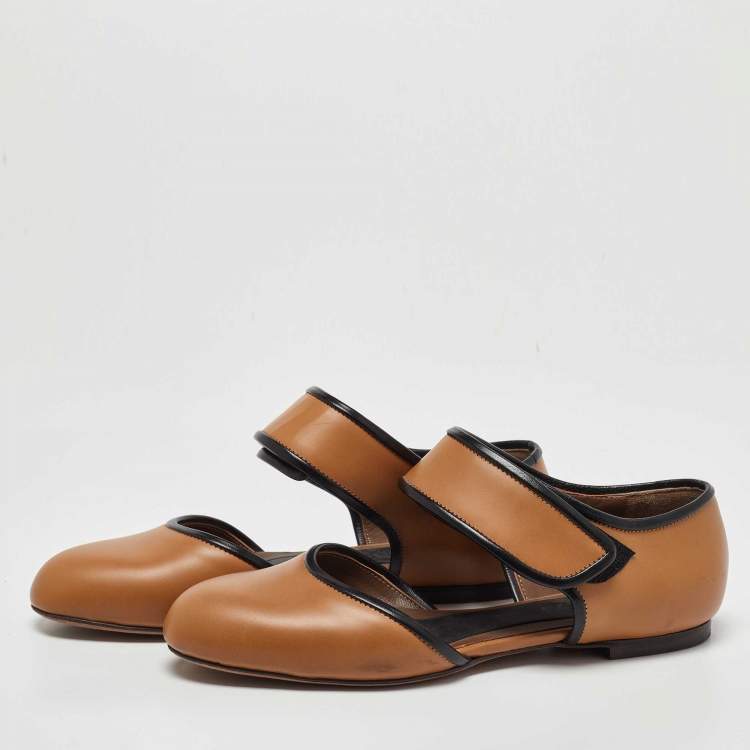 Pre Owned Marni Tan Leather Cut Out Mary Jane Ballet Flats Size 38