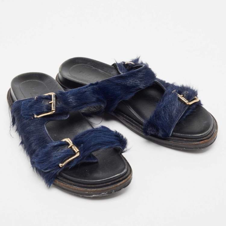 Pre Owned Marni Navy Blue Calf Dad Slingback Sandals Size 38   