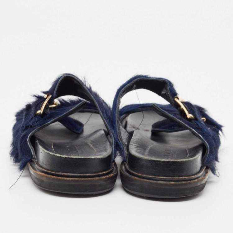 Pre Owned Marni Navy Blue Calf Dad Slingback Sandals Size 38   